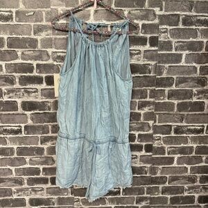 Bella Dahl blue chambray romper pockets raw hem